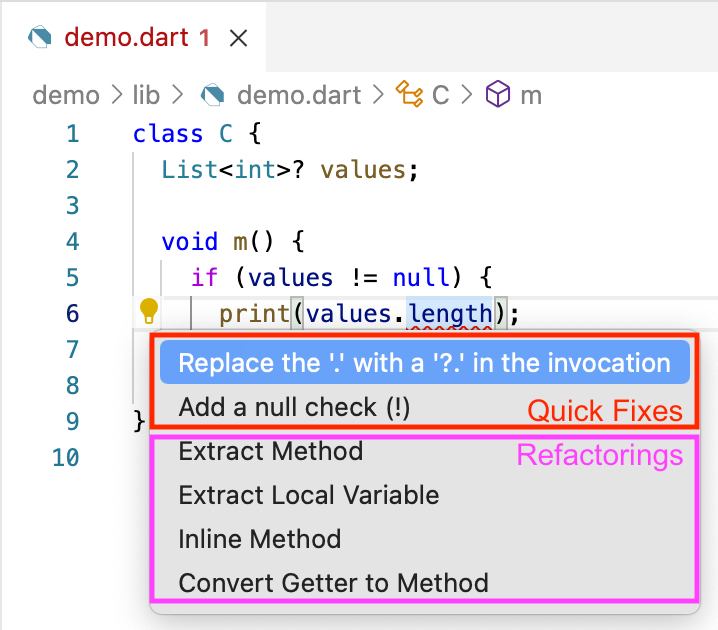 Figure 4. Quick fixes and refactorings in VS Code