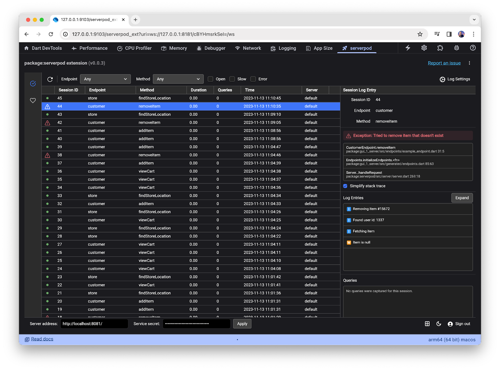 *Screenshot of a DevTools extension for the framework Serverpod*