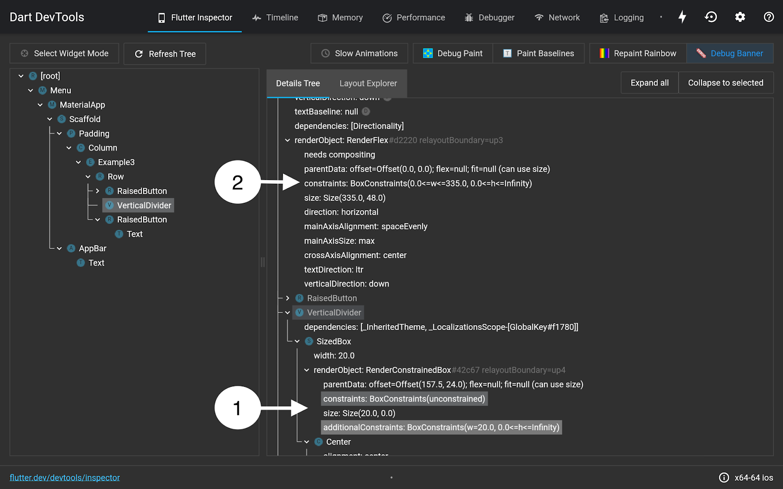 Inspecting Row and its children using the Details Tree