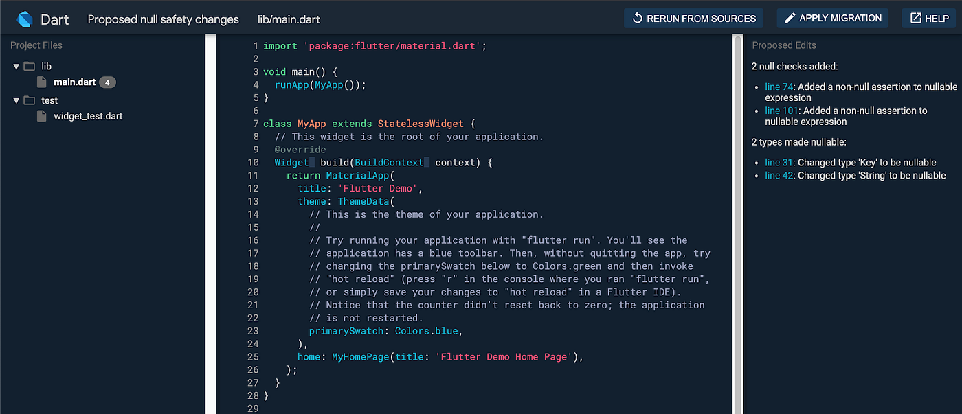 The migration tool helps you interactively migrate your code to null safety.