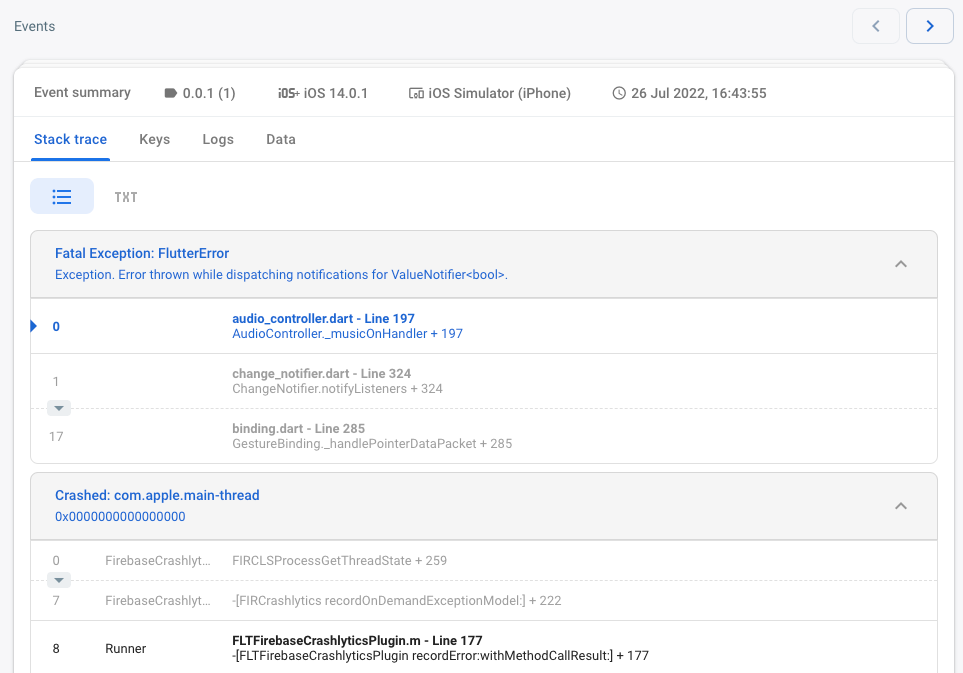 Crashlytics dashboard stack trace
