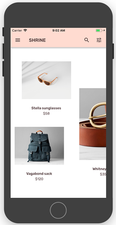 A screenshot from the Shrine design implemented using Flutter & Material Components