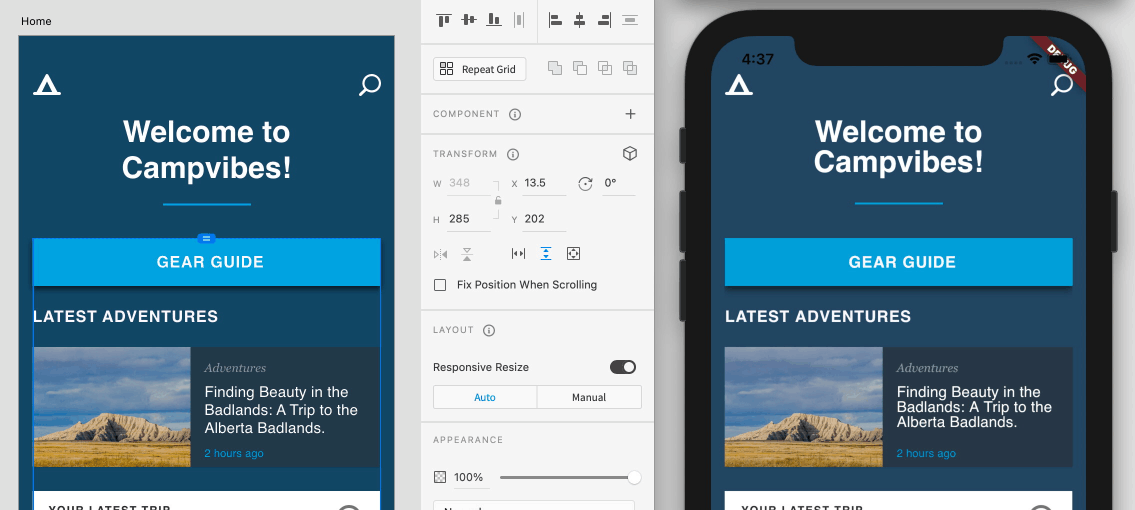 Stacks & Scroll Groups in XD (left) and Flutter (right)